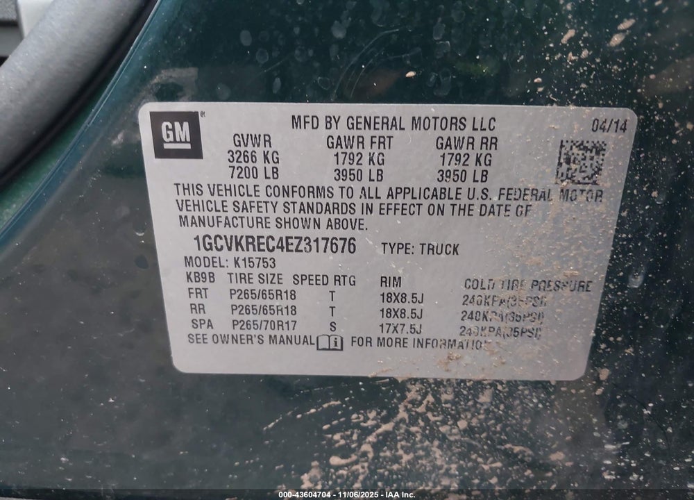 2014 CHEVROLET SILVERADO 1500 2LT VIN: 1GCVKREC4EZ317676