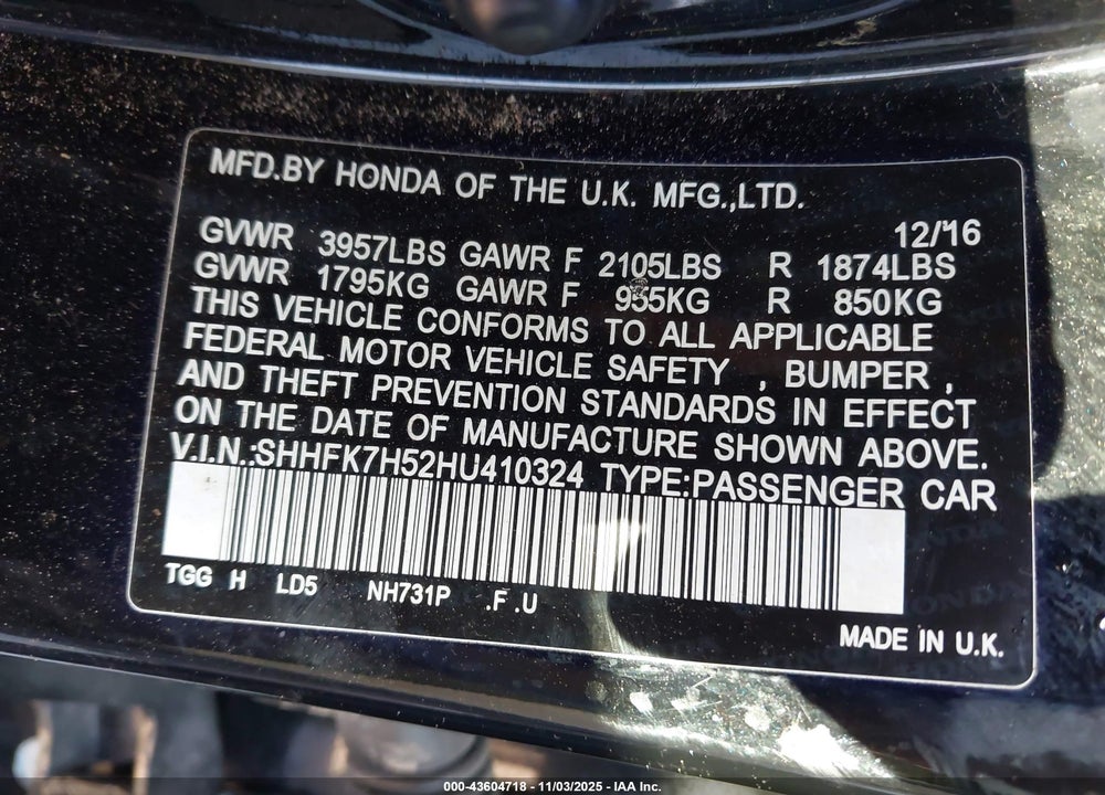 2017 HONDA CIVIC EX VIN: SHHFK7H52HU410324