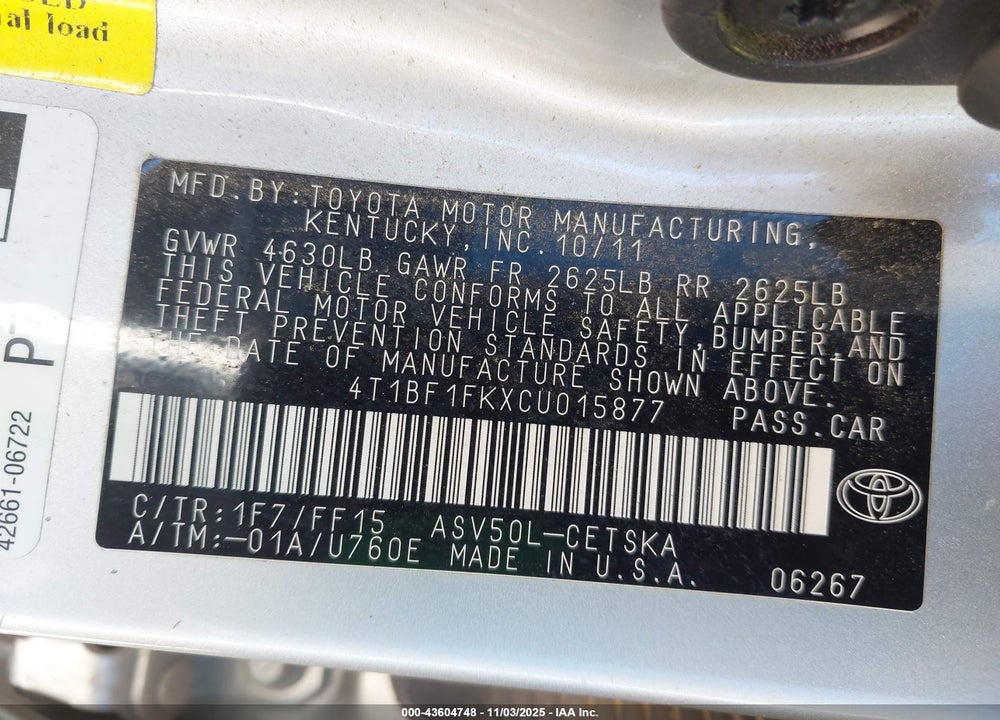 2012 TOYOTA CAMRY SE VIN: 4T1BF1FKXCU015877