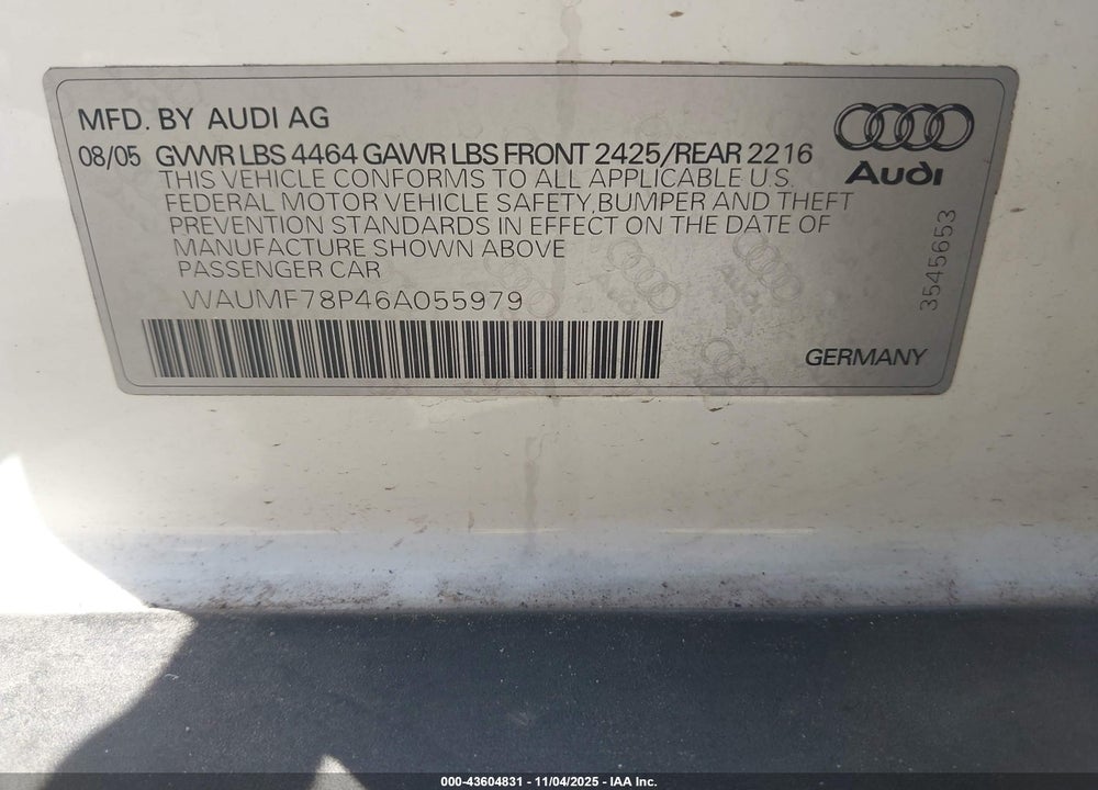 2006 AUDI A3 2.0T VIN: WAUMF78P46A055979