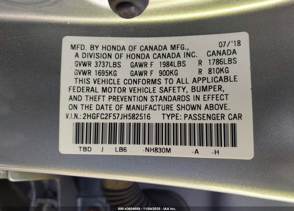 2018 HONDA CIVIC VIN: 2HGFC2F57JH582516
