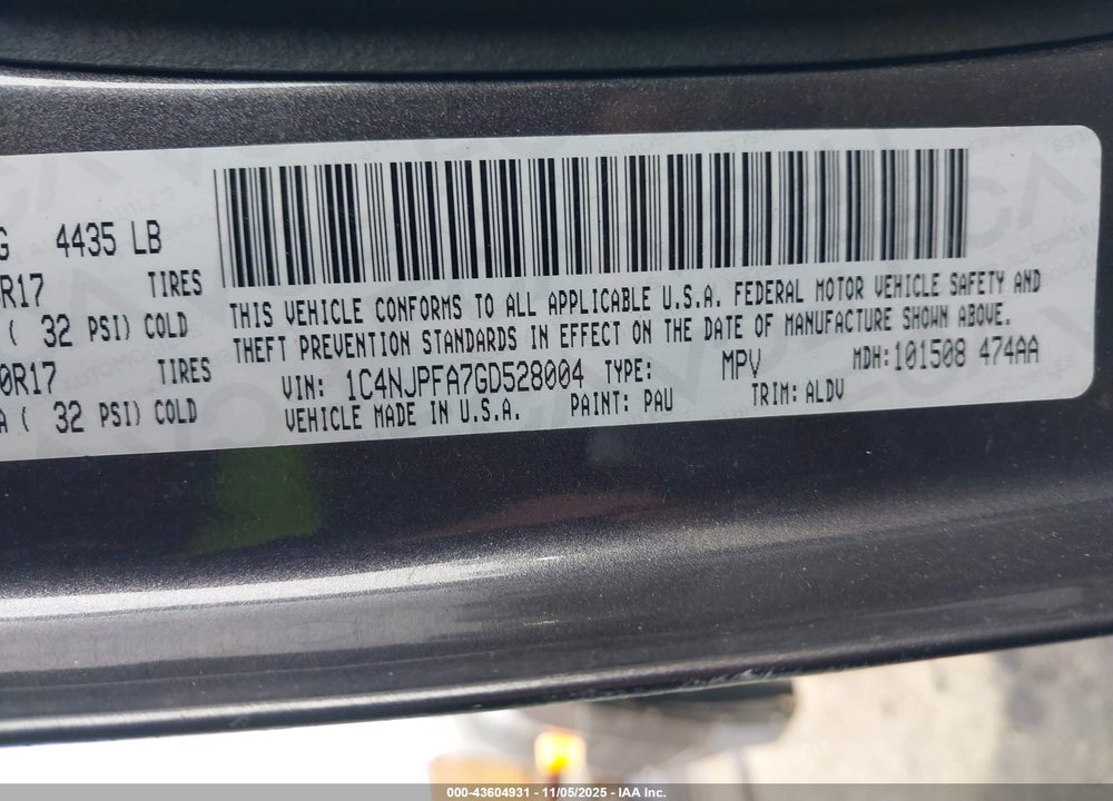 2016 JEEP PATRIOT HIGH ALTITUDE EDITION VIN: 1C4NJPFA7GD528004