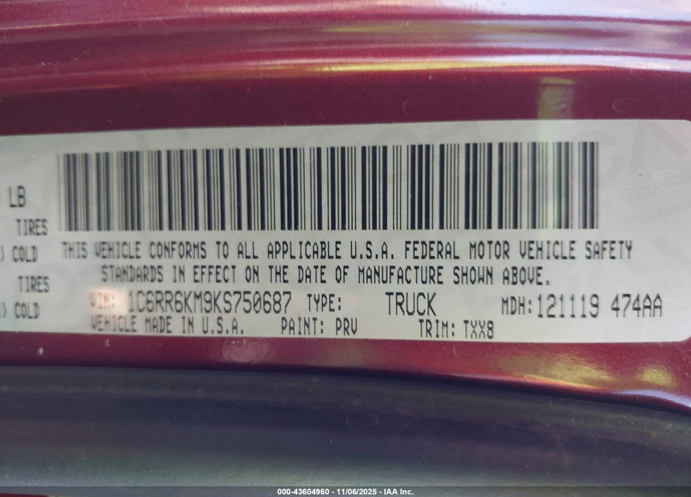 2019 RAM 1500 CLASSIC TRADESMAN 4X2 5'7 BOX VIN: 1C6RR6KM9KS750687
