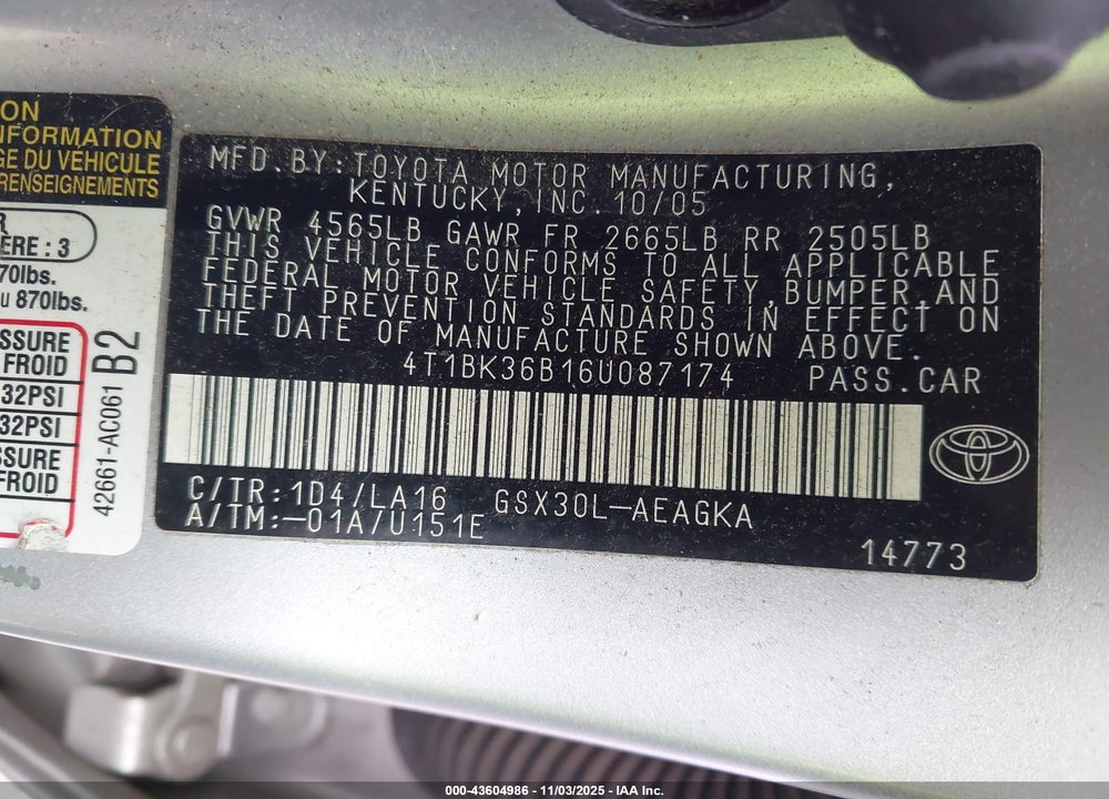 2006 TOYOTA AVALON VIN: 4T1BK36B16U087174