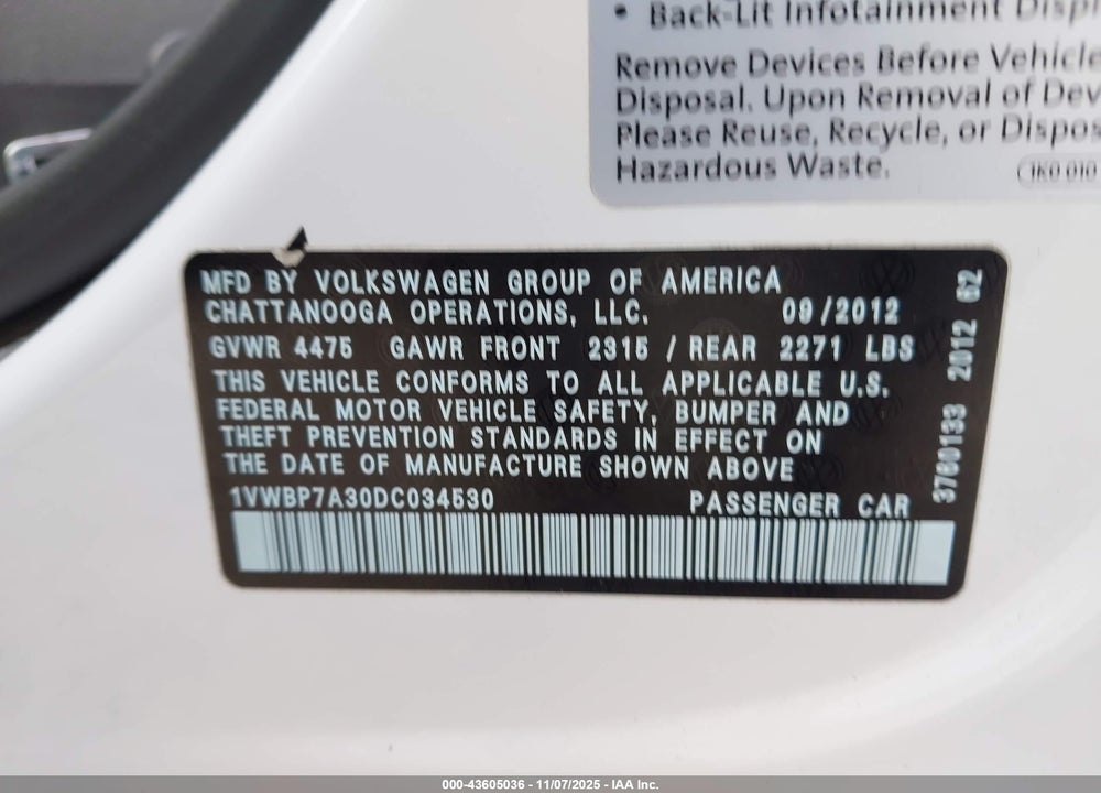 2013 VOLKSWAGEN PASSAT 2.5L SE VIN: 1VWBP7A30DC034530
