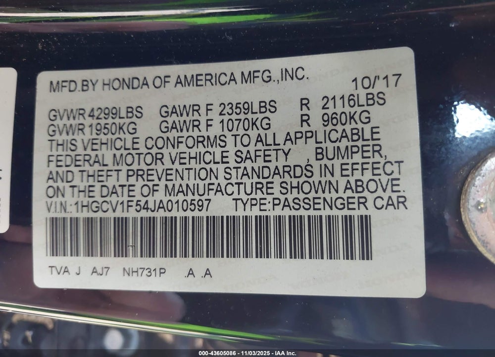 2018 HONDA ACCORD EX-L VIN: 1HGCV1F54JA010597
