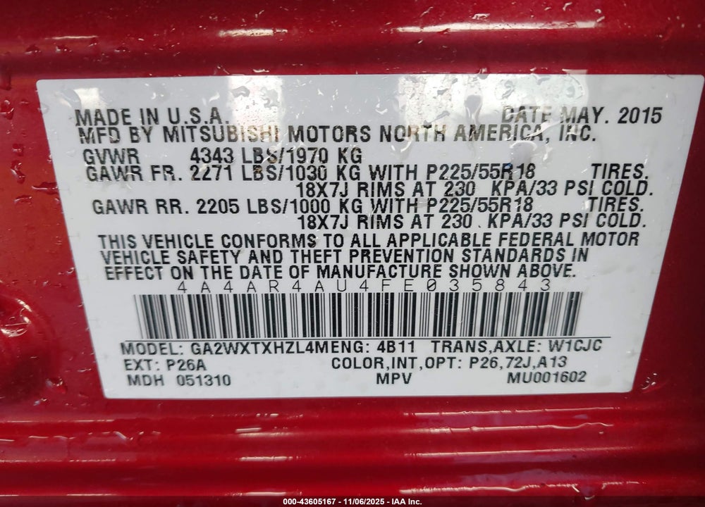2015 MITSUBISHI OUTLANDER SPORT SE VIN: 4A4AR4AU4FE035843