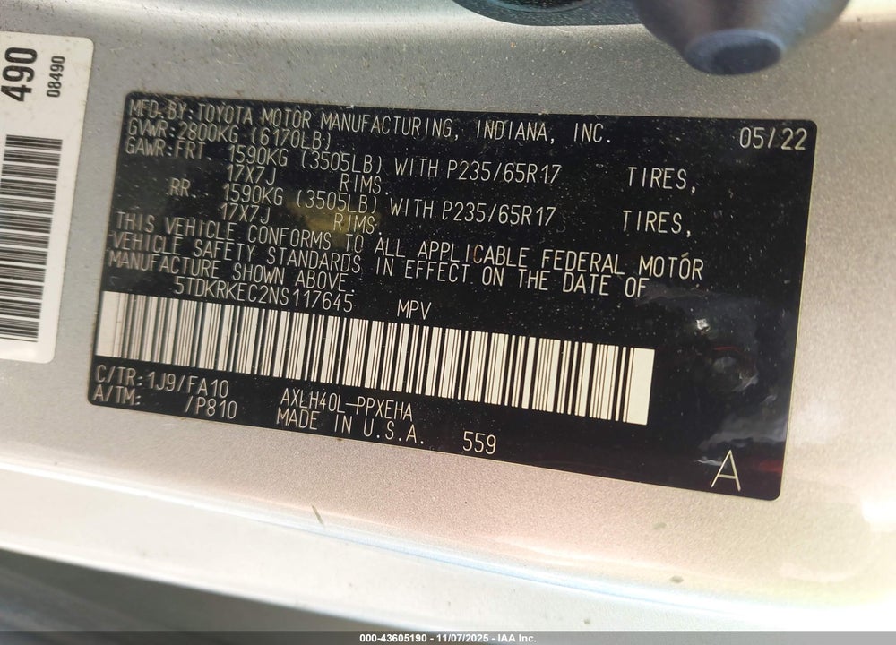 2022 TOYOTA SIENNA LE VIN: 5TDKRKEC2NS117645