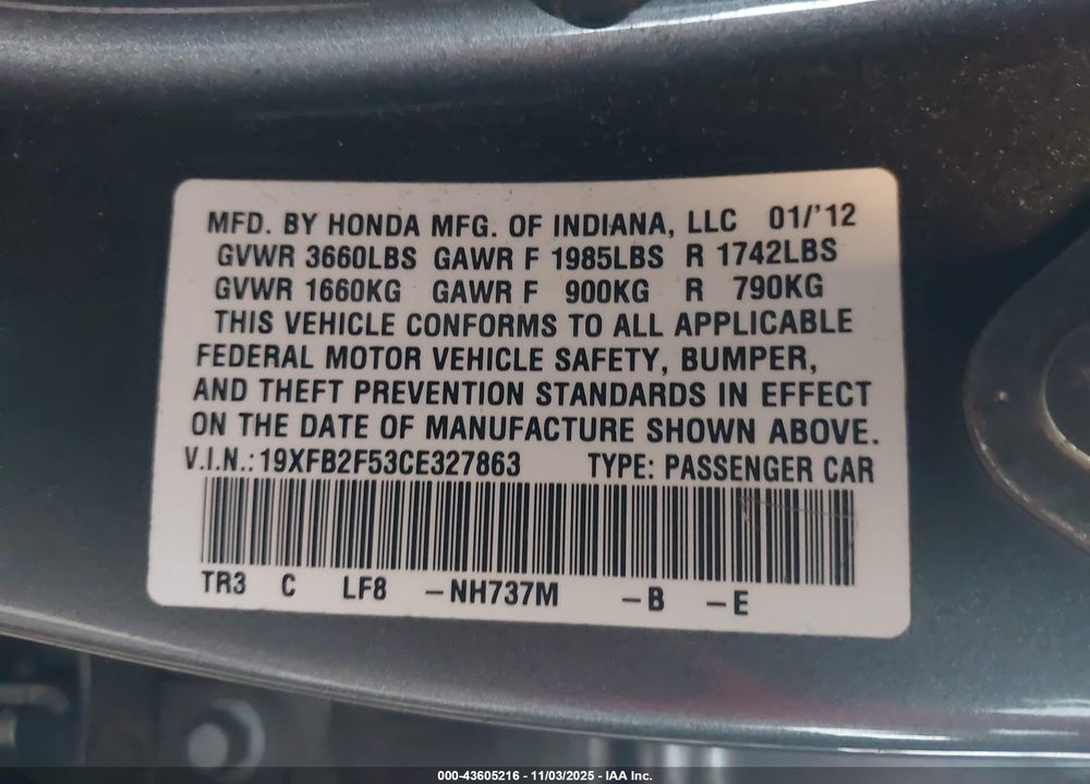 2012 HONDA CIVIC LX VIN: 19XFB2F53CE327863