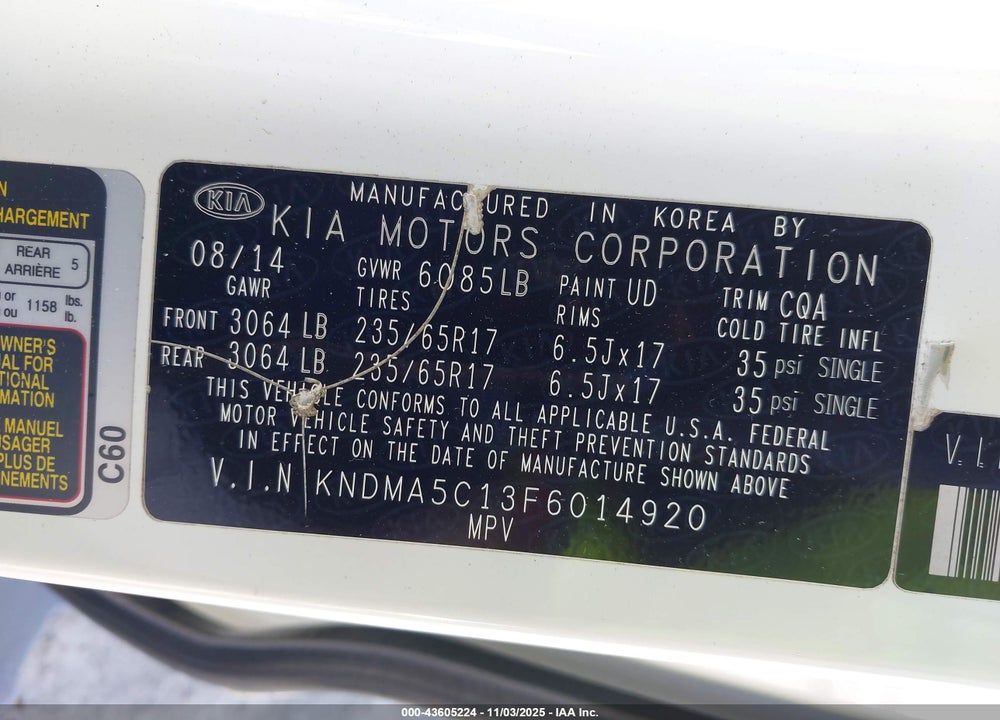 2015 KIA SEDONA L VIN: KNDMA5C13F6014920