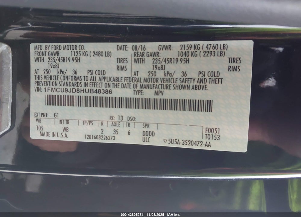 2017 FORD ESCAPE VIN: 1FMCU9JD8HUB48386