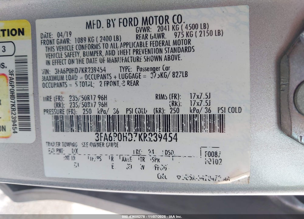 2019 FORD FUSION VIN: 3FA6P0HD7KR239454