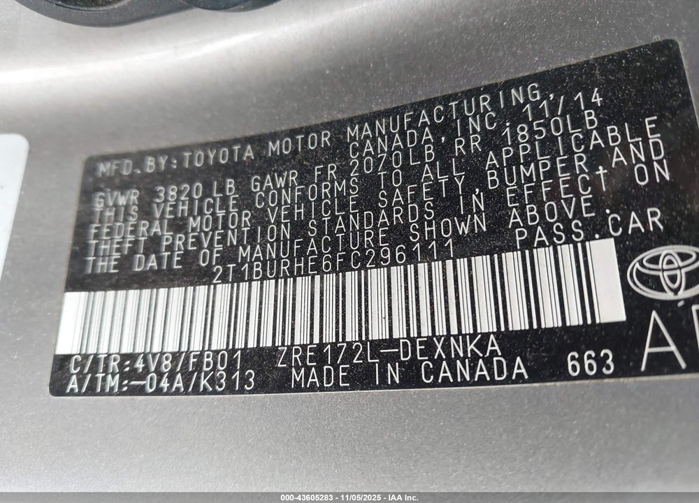 2015 TOYOTA COROLLA VIN: 2T1BURHE6FC296111