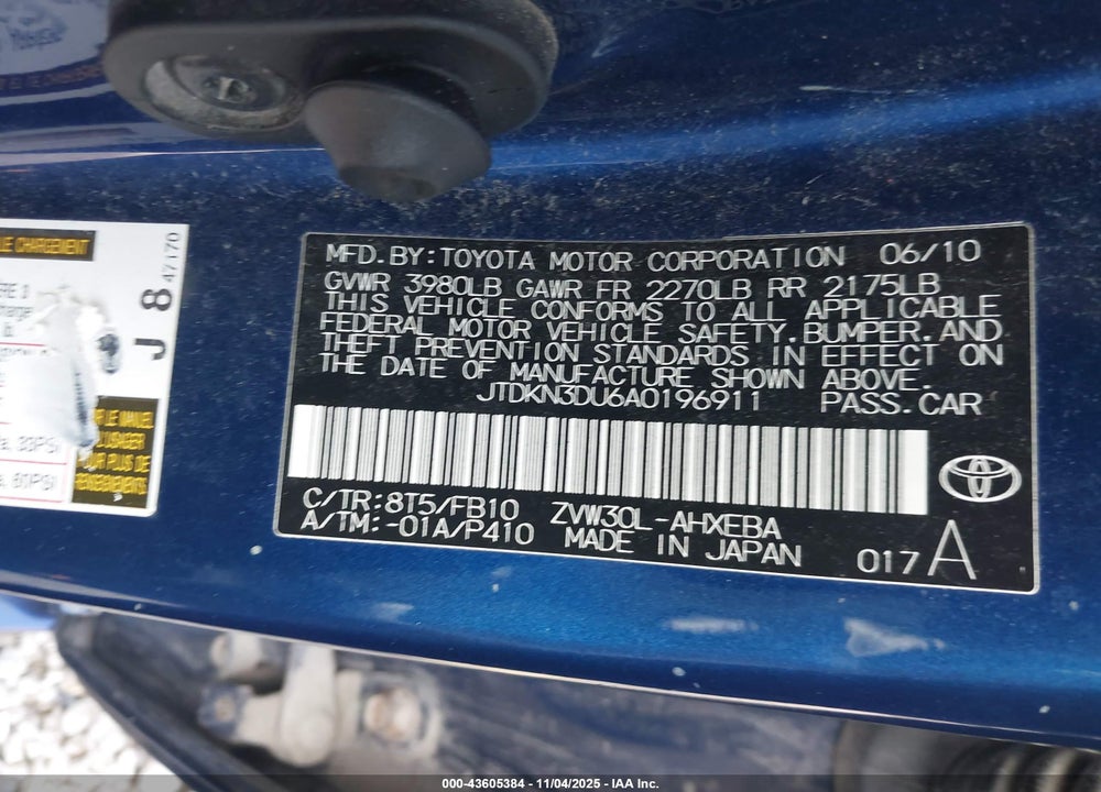 2010 TOYOTA PRIUS II VIN: JTDKN3DU6A0196911