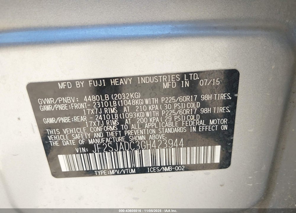 2016 SUBARU FORESTER 2.5I PREMIUM VIN: JF2SJADC3GH423944