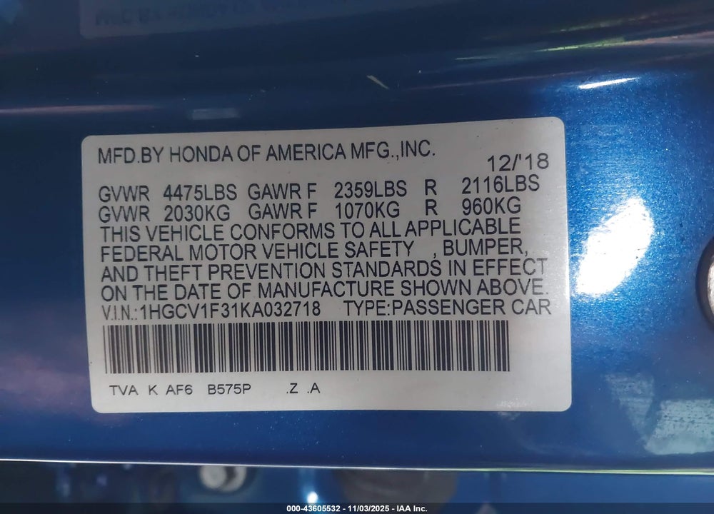 2019 HONDA ACCORD SPORT VIN: 1HGCV1F31KA032718