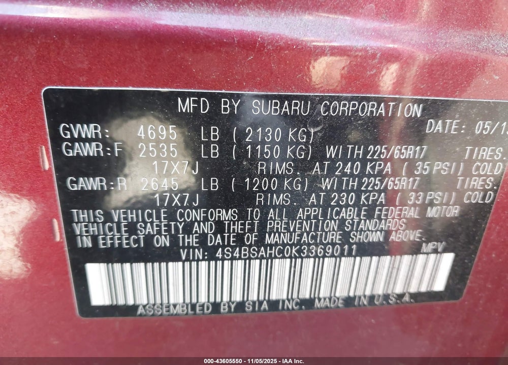 2019 SUBARU OUTBACK 2.5I PREMIUM VIN: 4S4BSAHC0K3369011