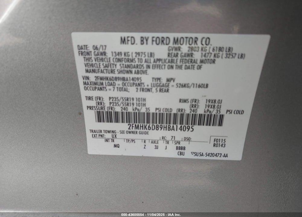 2017 FORD FLEX LIMITED VIN: 2FMHK6D89HBA14095