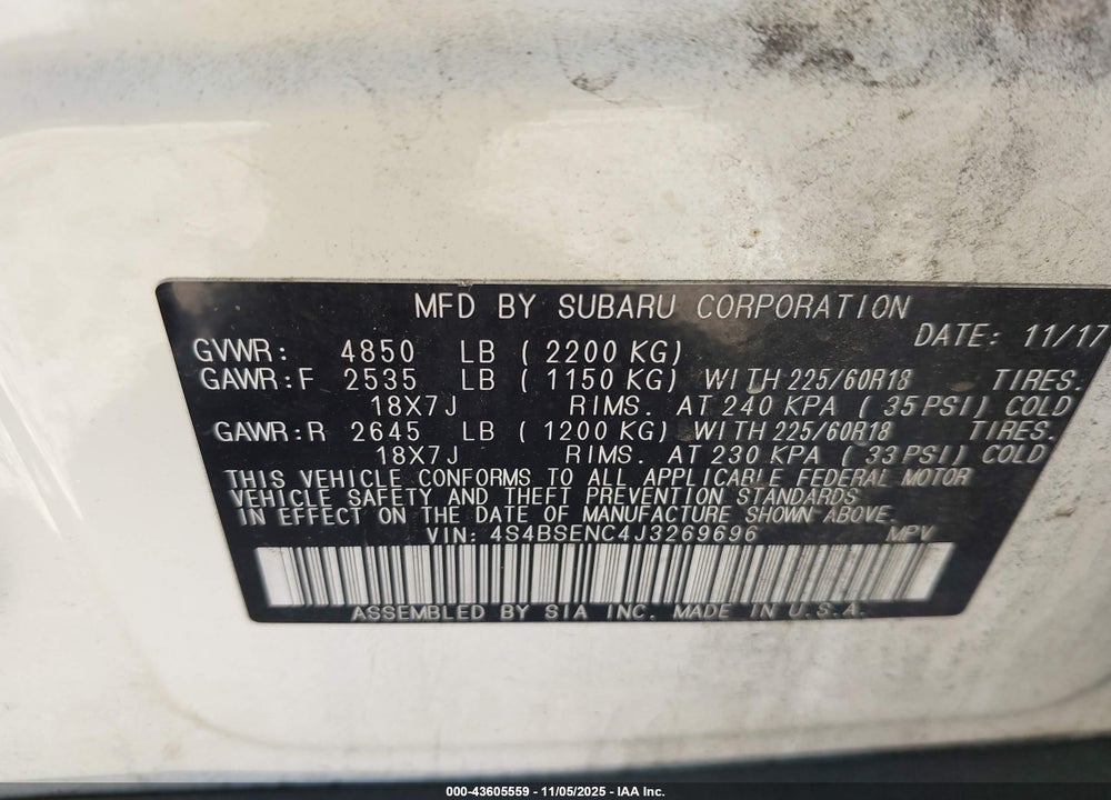 2018 SUBARU OUTBACK 3.6R LIMITED VIN: 4S4BSENC4J3269696