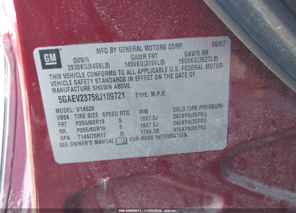 2008 BUICK ENCLAVE CXL VIN: 5GAEV23758J109721