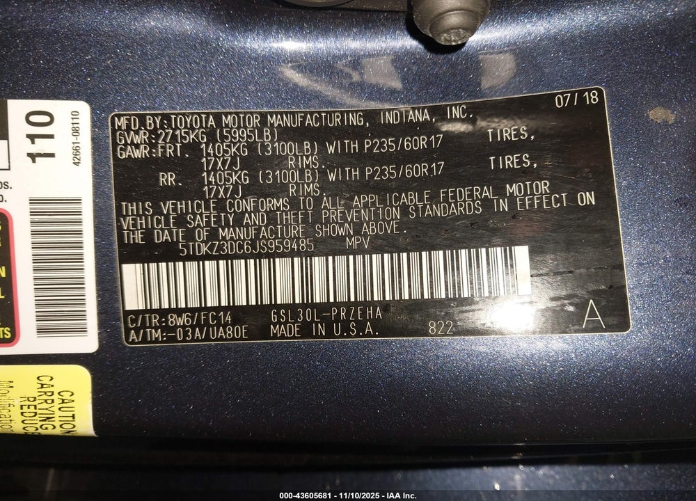 2018 TOYOTA SIENNA LE 8 PASSENGER VIN: 5TDKZ3DC6JS959485