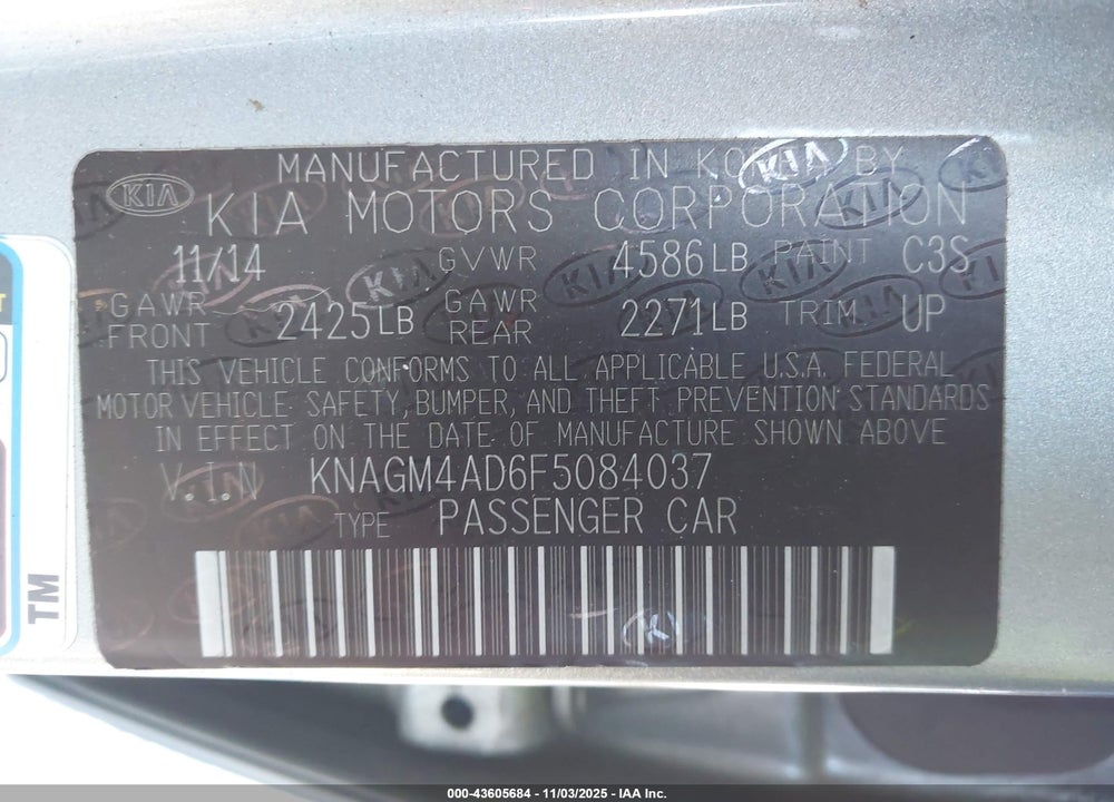 2015 KIA OPTIMA HYBRID VIN: KNAGM4AD6F5084037