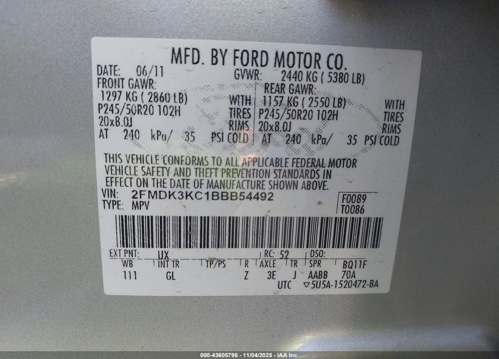 2011 FORD EDGE LIMITED VIN: 2FMDK3KC1BBB54492