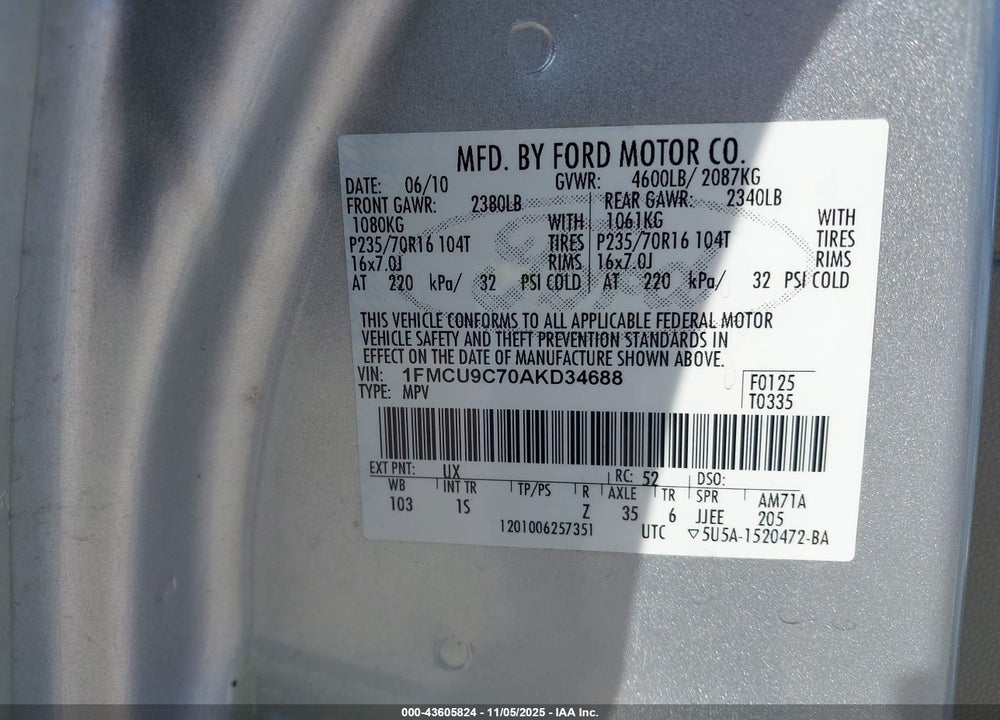 2010 FORD ESCAPE VIN: 1FMCU9C70AKD34688