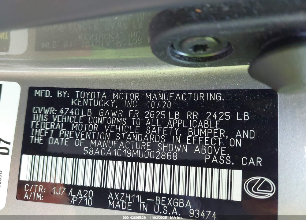 2021 LEXUS ES 300H VIN: 58ACA1C19MU002868