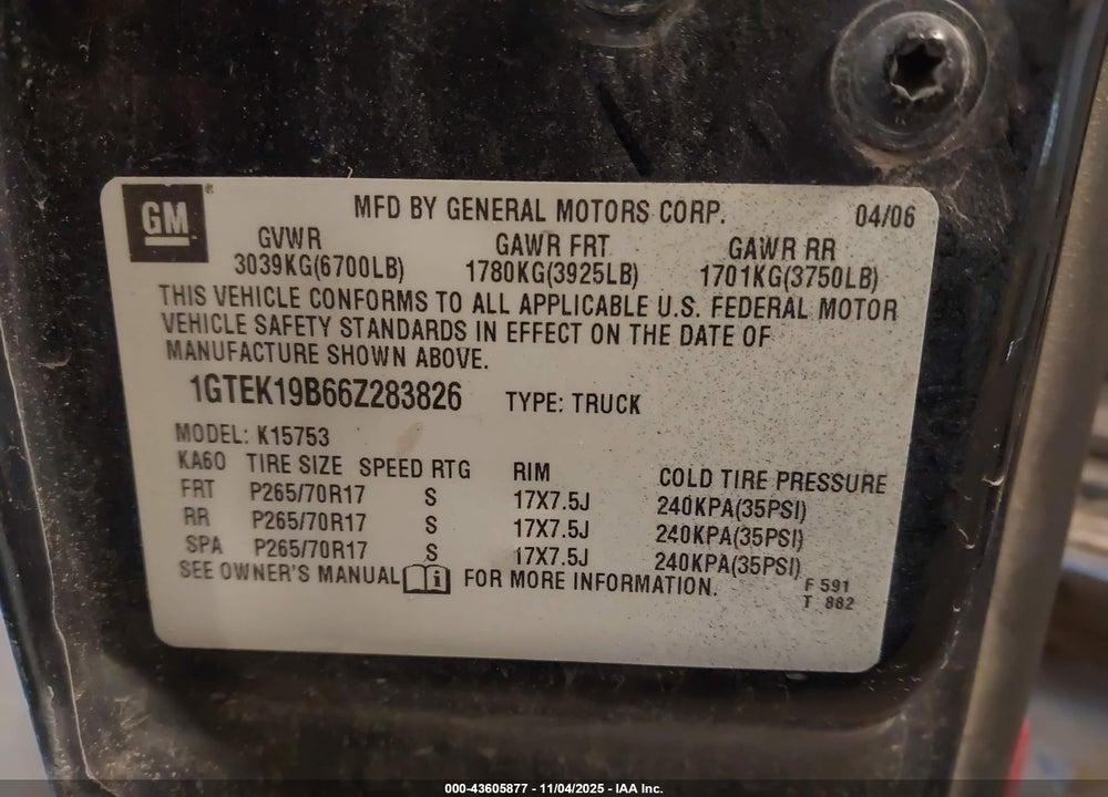 2006 GMC SIERRA 1500 SLE2 VIN: 1GTEK19B66Z283826