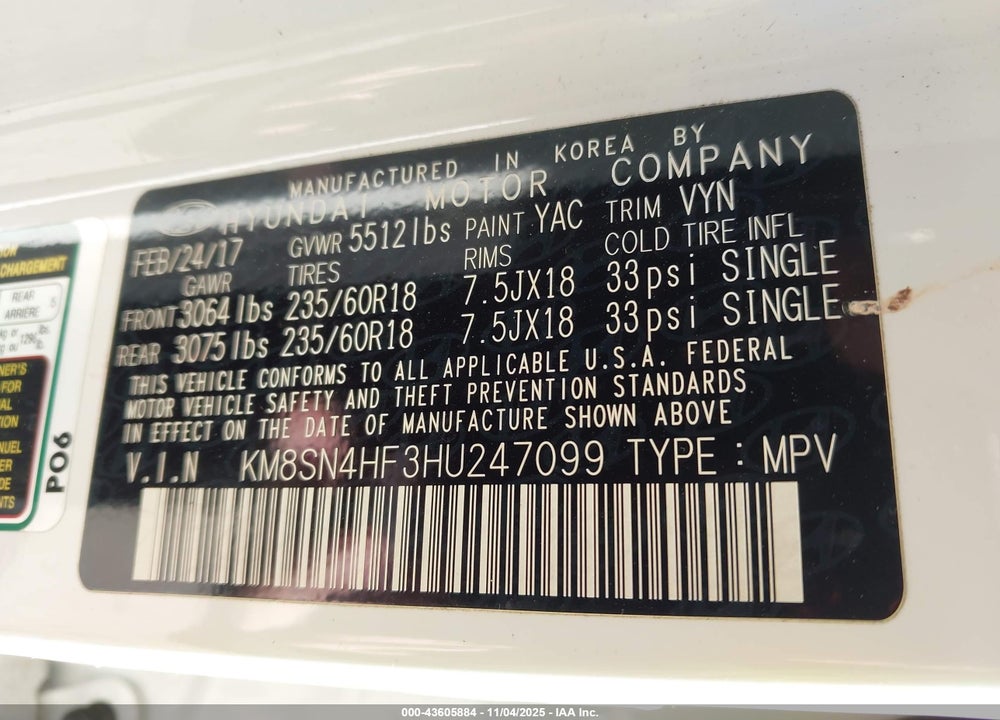 2017 HYUNDAI SANTA FE SE VIN: KM8SN4HF3HU247099