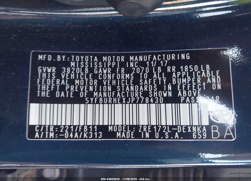 2018 TOYOTA COROLLA LE VIN: 5YFBURHEXJP778430