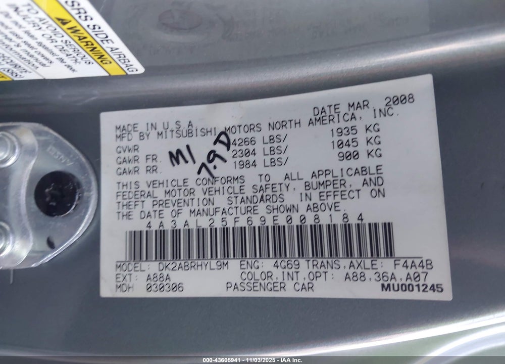 2009 MITSUBISHI ECLIPSE VIN: 4A3AL25F69E008184