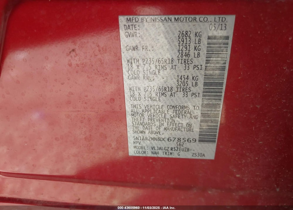 2013 NISSAN PATHFINDER SL VIN: 5N1AR2MN8DC678569