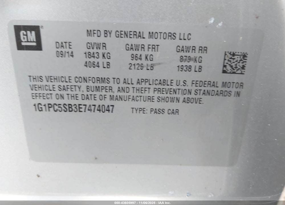 2014 CHEVROLET CRUZE 1LT AUTO VIN: 1G1PC5SB3E7474047