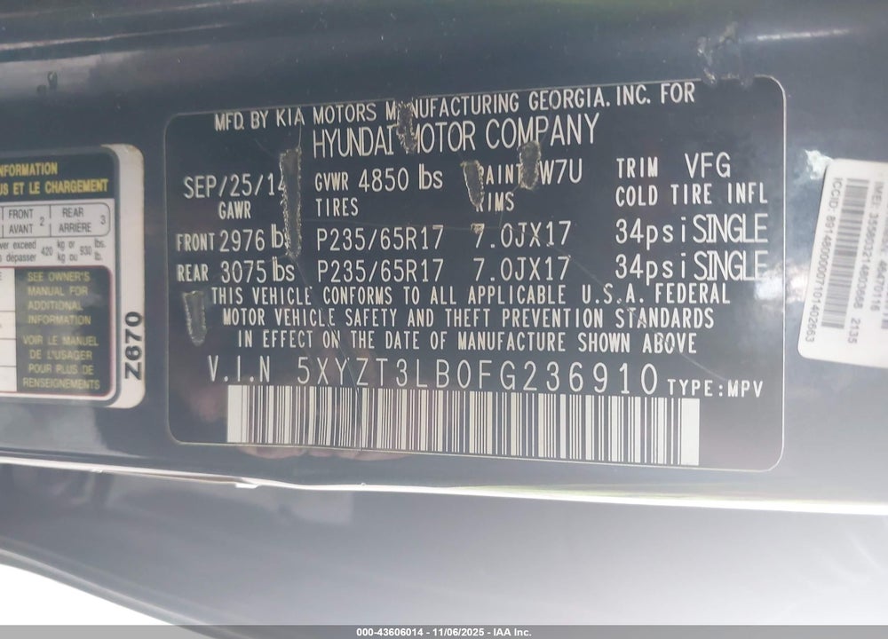 2015 HYUNDAI SANTA FE SPORT 2.4L VIN: 5XYZT3LB0FG236910