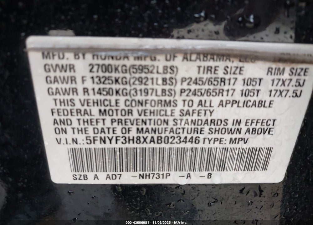 2010 HONDA PILOT TOURING VIN: 5FNYF3H8XAB023446