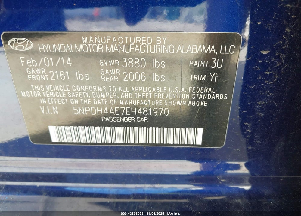 2014 HYUNDAI ELANTRA SE VIN: 5NPDH4AE7EH481970