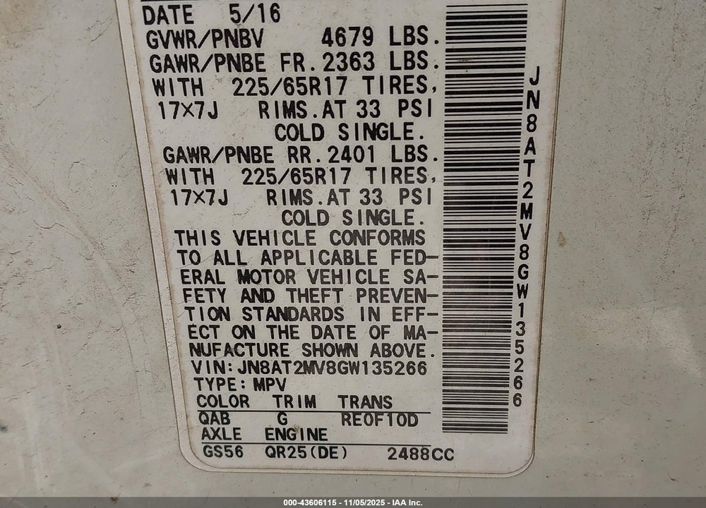 2016 NISSAN ROGUE SV VIN: JN8AT2MV8GW135266