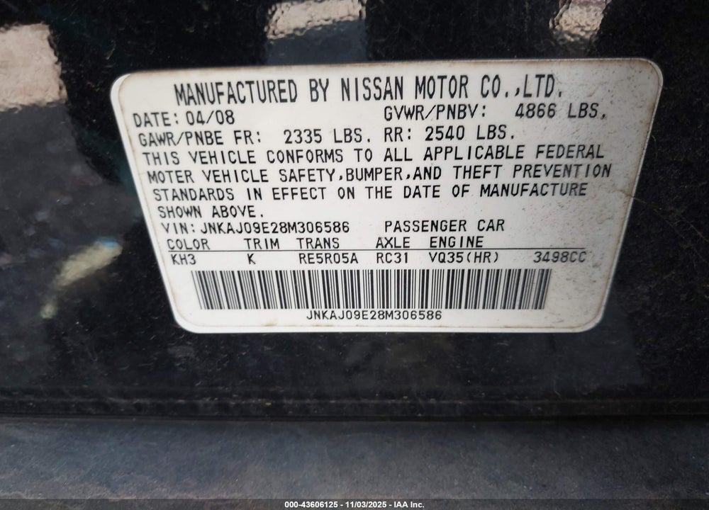 2008 INFINITI EX35 VIN: JNKAJ09E28M306586