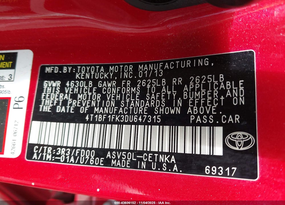 2013 TOYOTA CAMRY LE VIN: 4T1BF1FK3DU647315