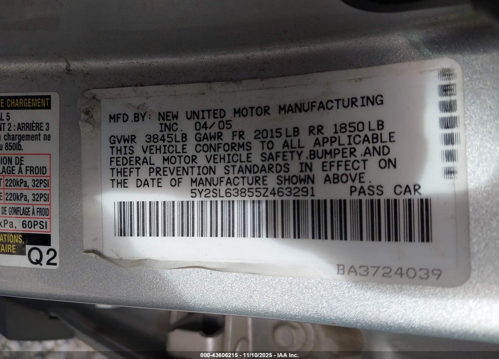 2005 PONTIAC VIBE VIN: 5Y2SL63855Z463291