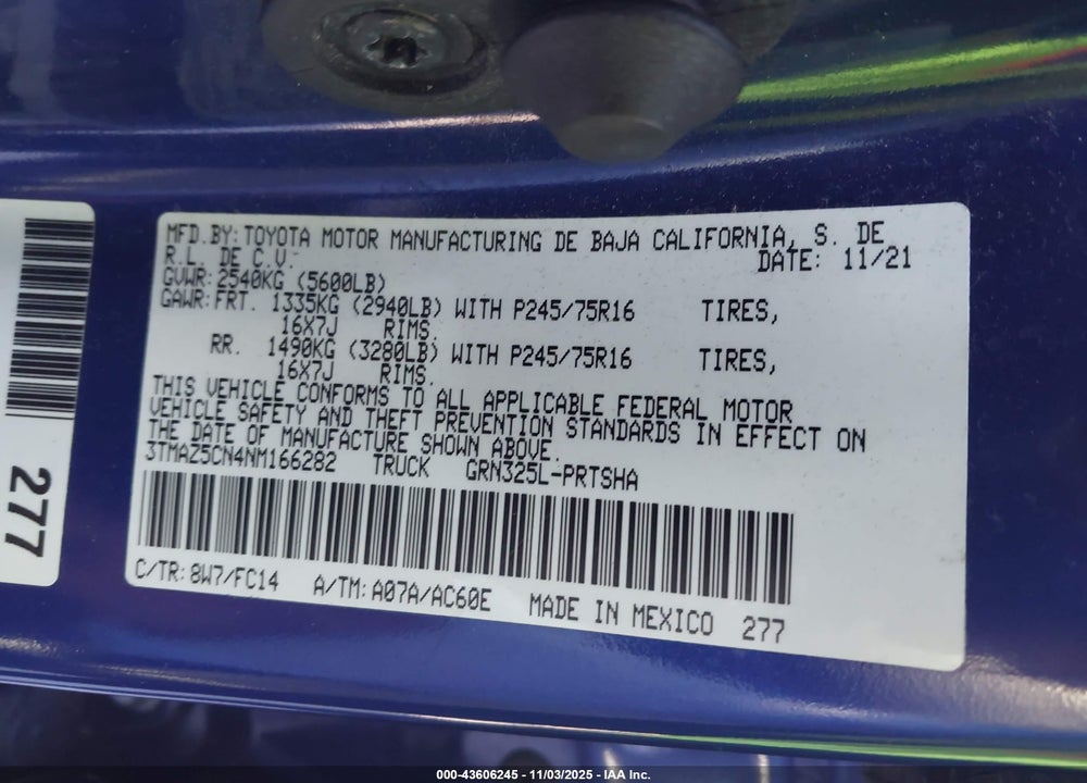 2022 TOYOTA TACOMA VIN: 3TMAZ5CN4NM166282