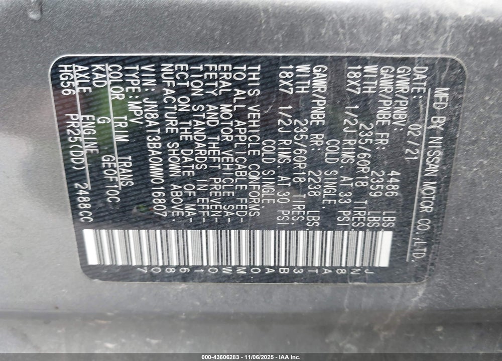 2021 NISSAN ROGUE SV FWD VIN: JN8AT3BA0MW016807