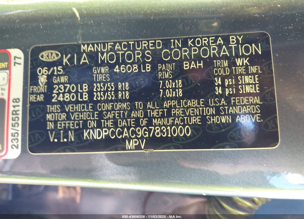 2016 KIA SPORTAGE VIN: KNDPCCAC9G7831000