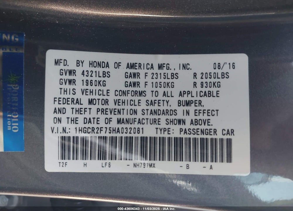 2017 HONDA ACCORD VIN: 1HGCR2F75HA032081