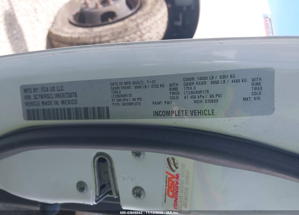 2021 RAM 3500 CHASSIS TRADESMAN/SLT/LAIE/LIMITED VIN: 3C7WRSCL1MG673076