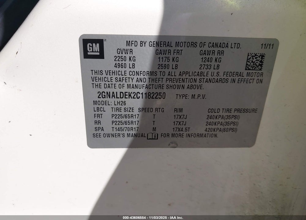 2012 CHEVROLET EQUINOX 1LT VIN: 2GNALDEK2C1182250