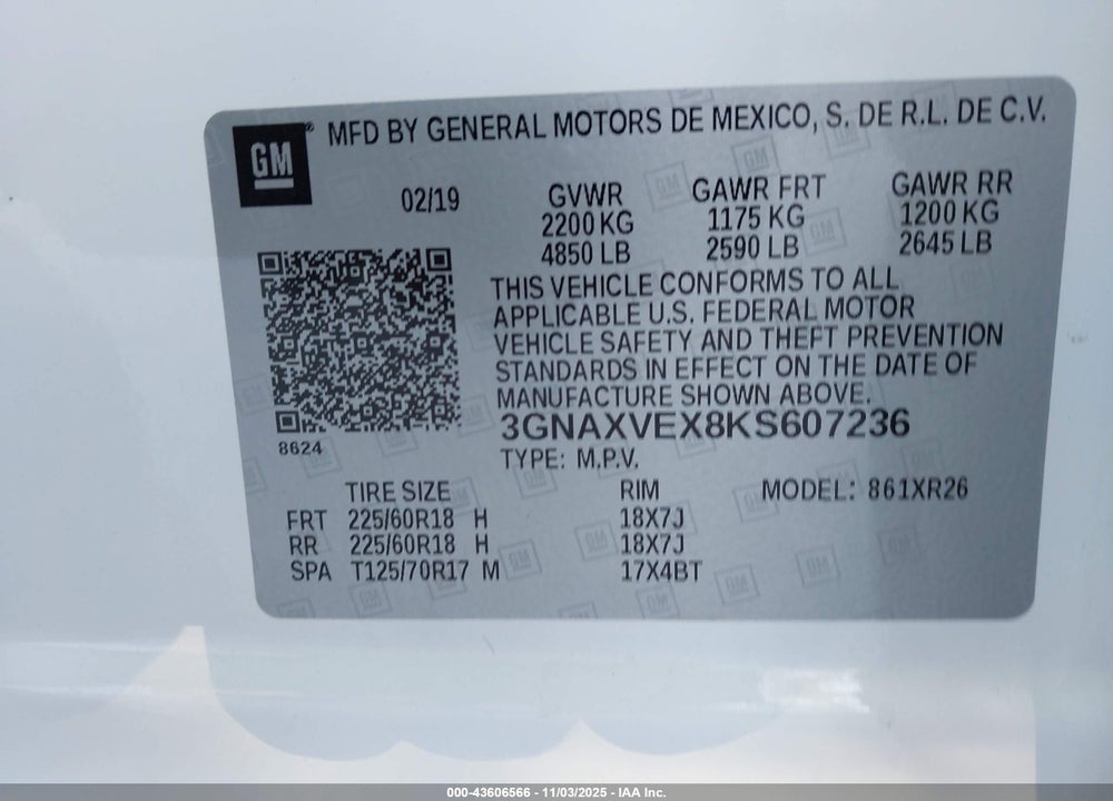 2019 CHEVROLET EQUINOX LT VIN: 3GNAXVEX8KS607236