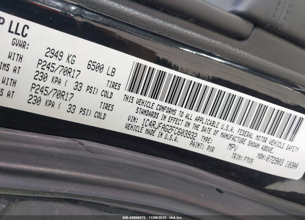 2015 JEEP GRAND CHEROKEE VIN: 1C4RJFAG2FC603932